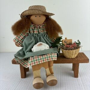 Lizzie High wood Doll-Straw Hat Girl on Bench w/Bunny & Basket-collectible